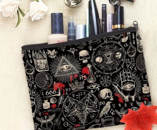 Black pouch with mystical symbols on a light background